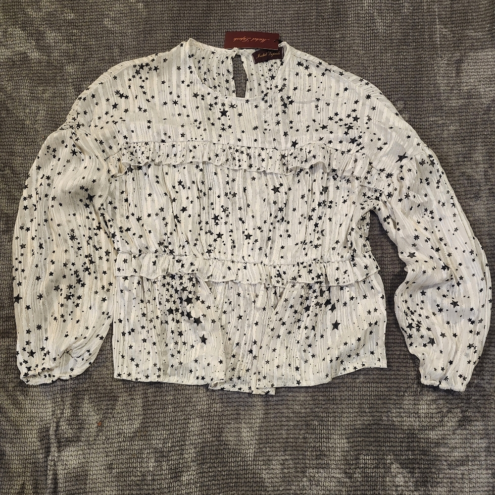 Michel Laperle womens star sheer top, sz 10, silver threads, long sleeves